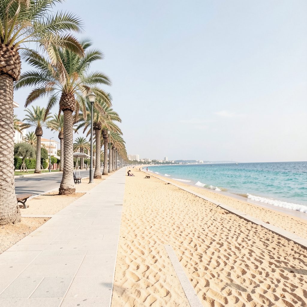 A sunlit Mediterranean beach promenade lined with palm trees, soft golden sand meeting turquoise water under a pale blue sky