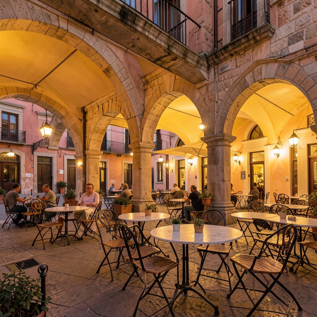 A golden-lit Spanish plaza at dusk with outdoor café tables beneath historic stone arcades, warm terracotta and cream tones
