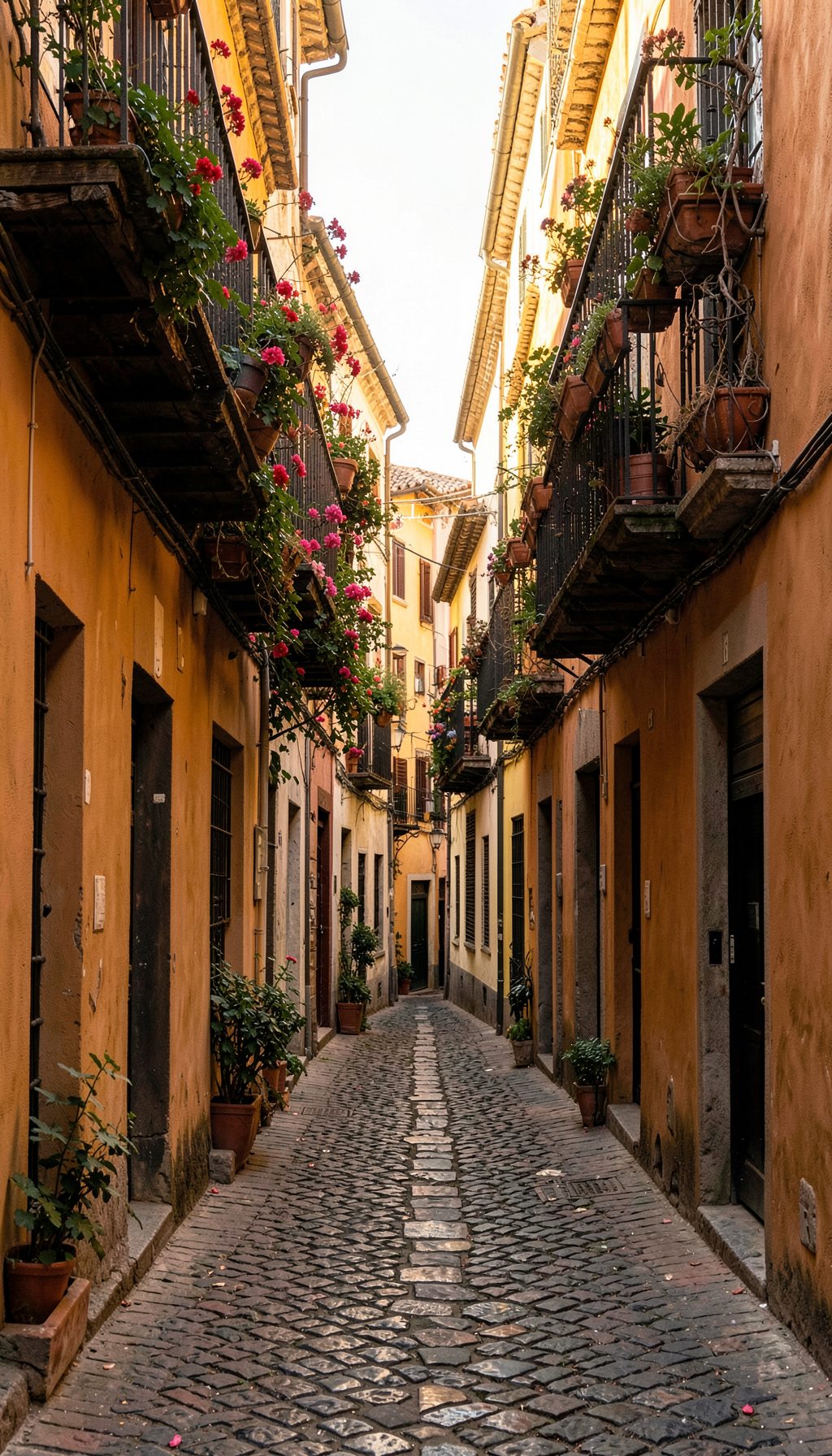 A narrow cobblestone street in a Spanish old town lined with flower-filled balconies and warm ochre walls, glowing in soft golden light