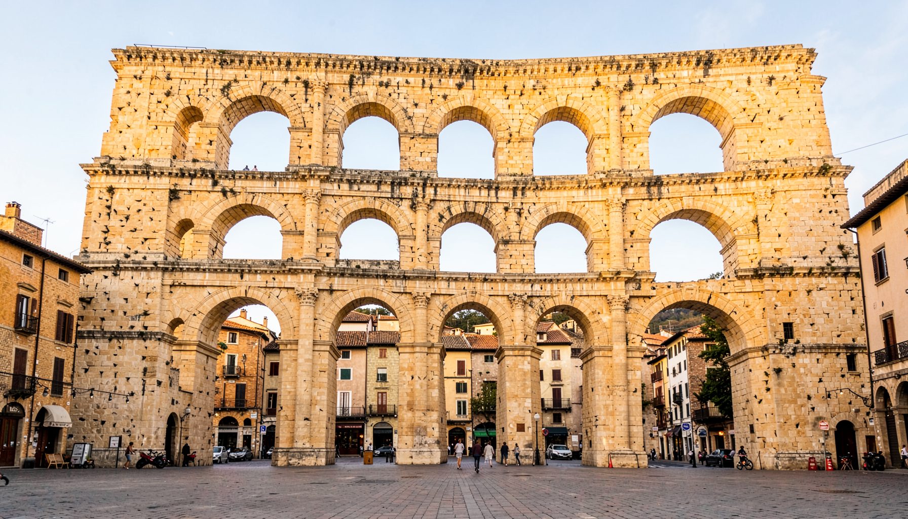 Towering double-tiered Roman aqueduct arches of warm golden stone spanning a plaza in Segovia's old town