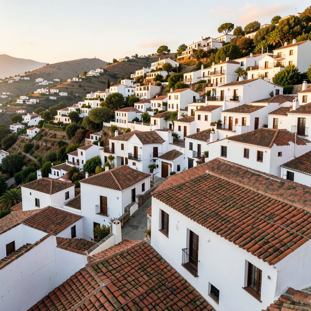 Whitewashed Andalusian village houses cascading down a hillside with terracotta roof tiles glowing in warm afternoon light