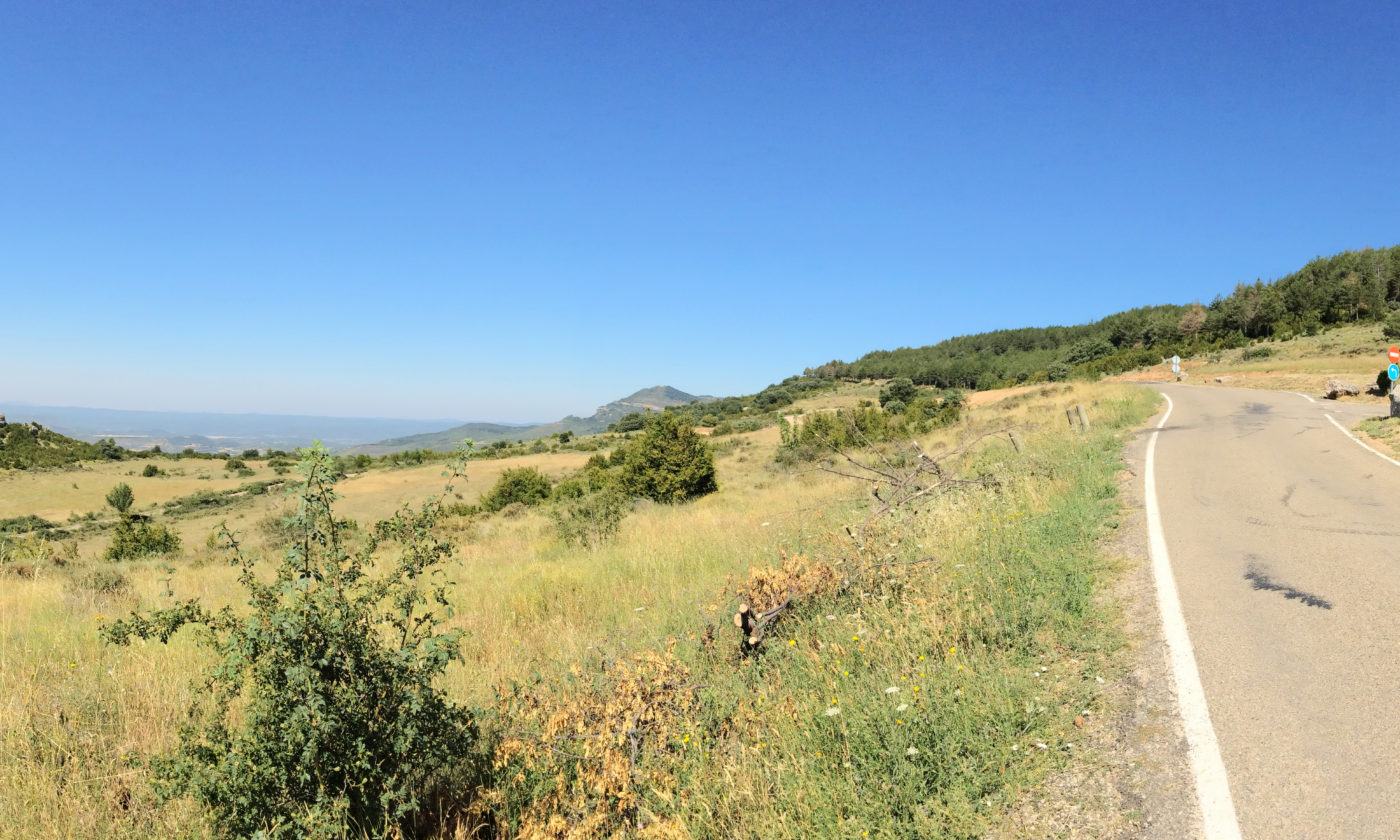 A paved road curving through green rolling hills with scrubby vegetation and distant mountains under a clear blue sky, evoking the freedom of road travel through the Spanish countryside.