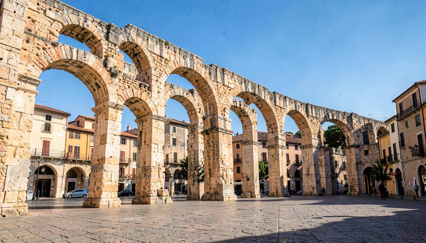 Ancient Roman aqueduct arches stretching across a sunlit plaza in a historic Spanish town, warm stone tones against a clear sky